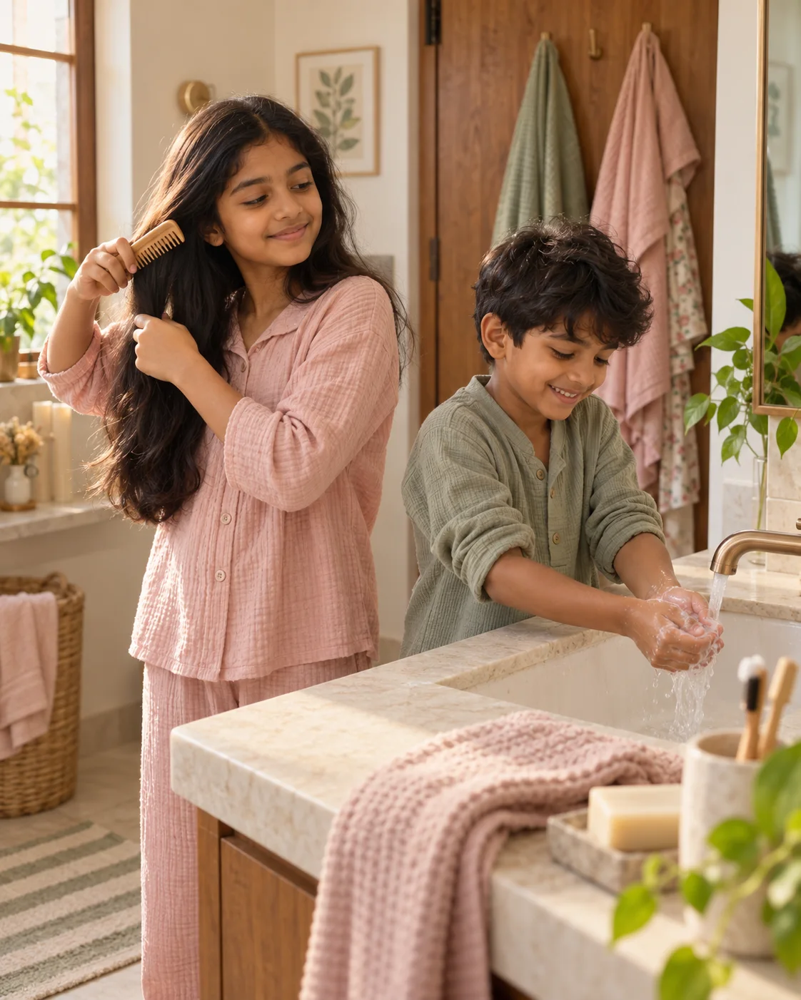 A brother and sister following a simple morning care routine