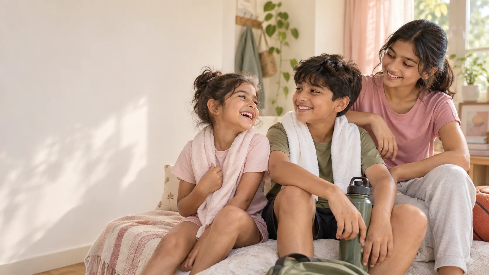 Three children relaxing together after an active day