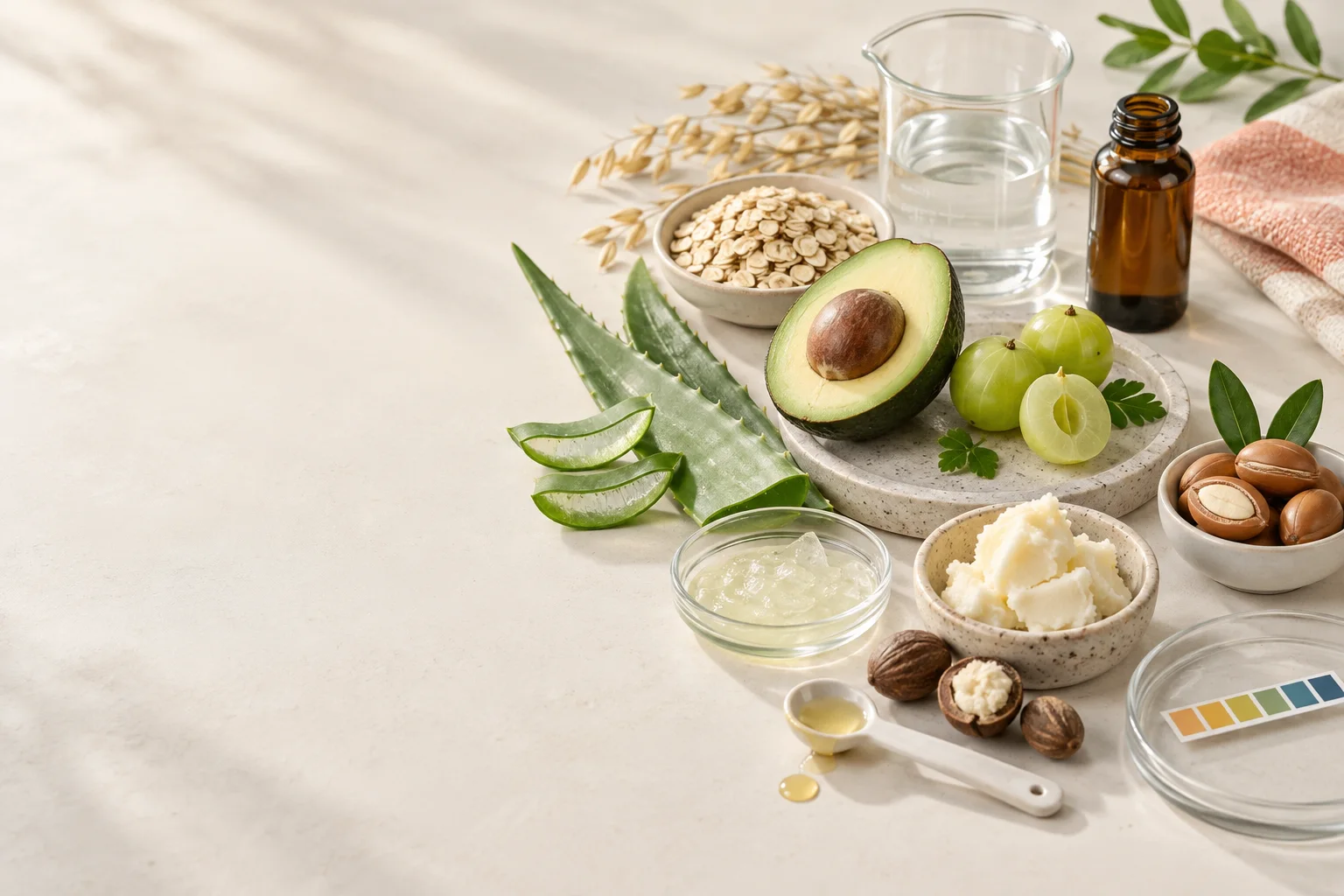 Aloe vera, oats, avocado, amla, shea and argan arranged beside simple formulation tools