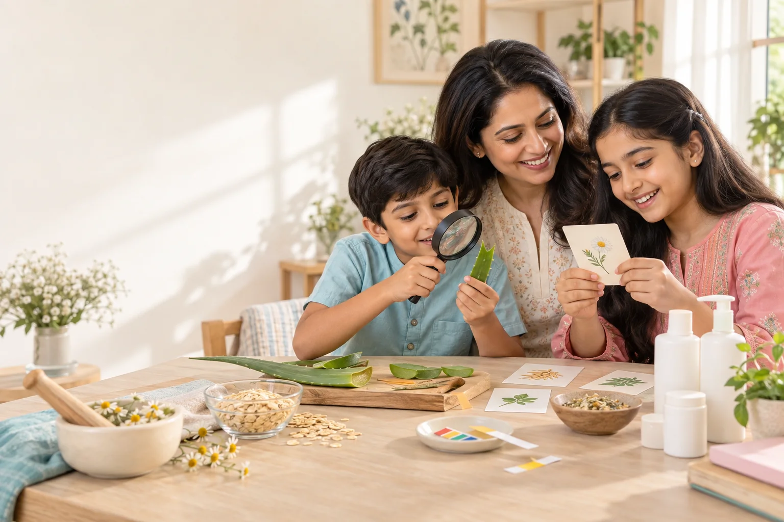 A mother and two children exploring everyday skincare ingredients together