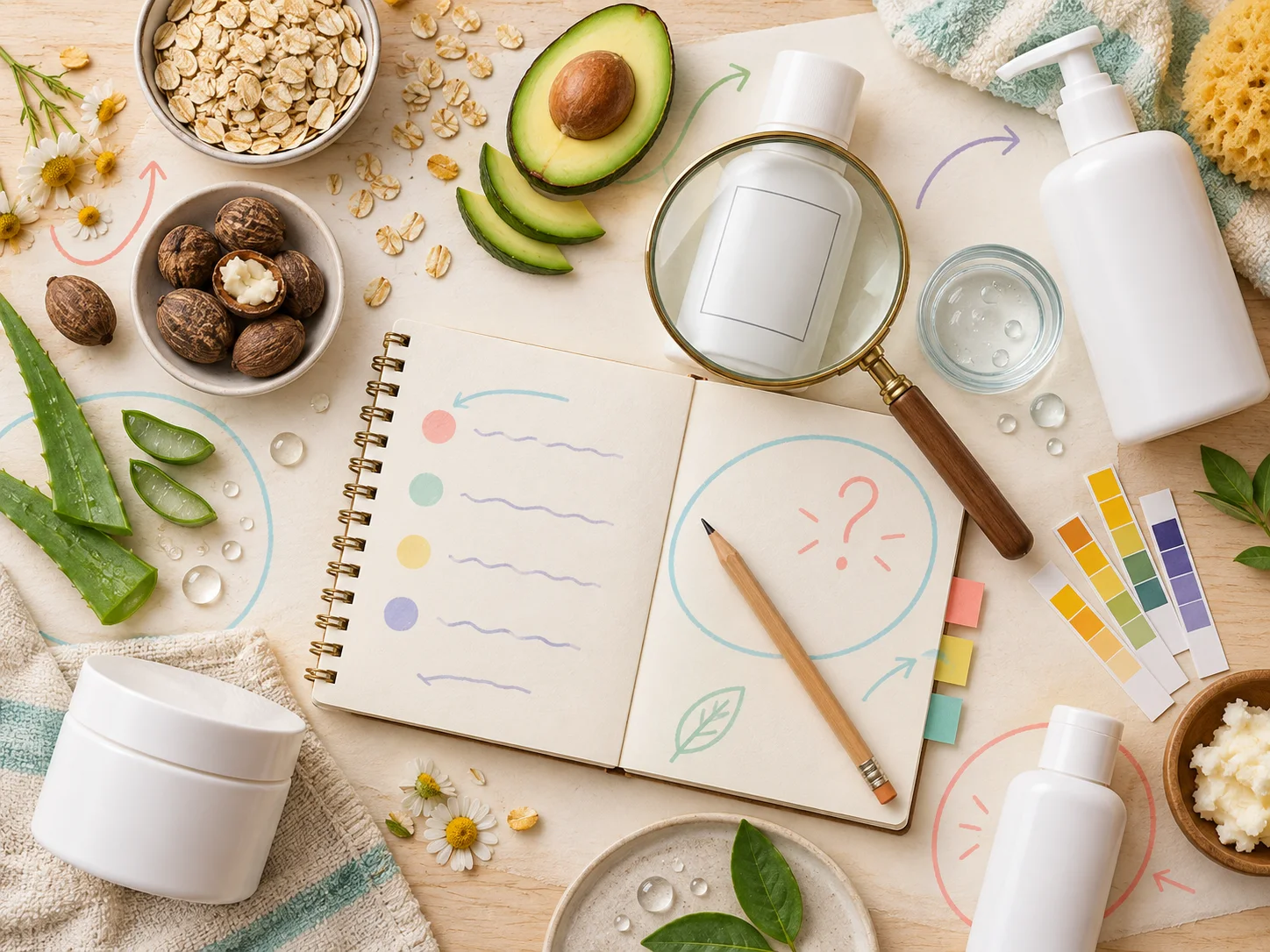 A parent friendly ingredient research desk with a magnifying glass, notebook, pH strips, oats and aloe